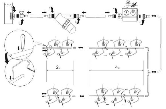 Комплект капельного автополива Водомерка, для теплиц длиной 4м.